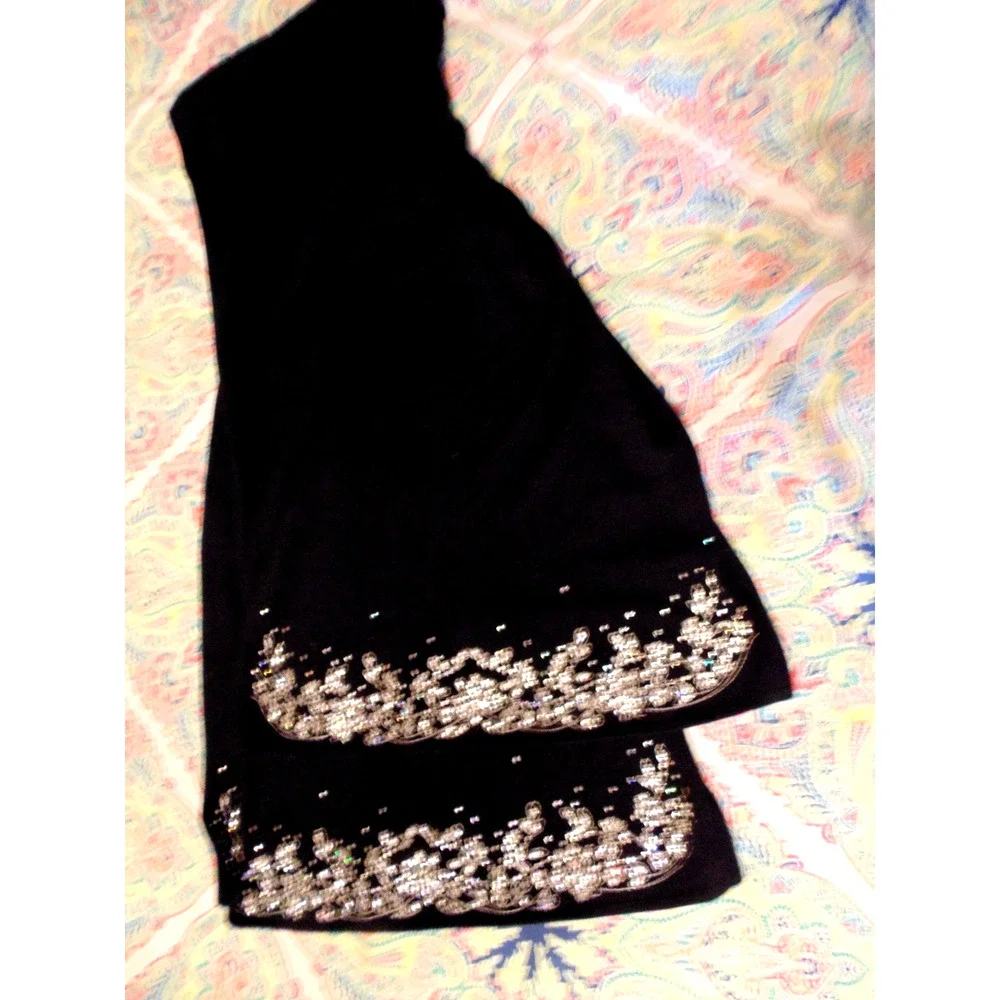 Vtg Old Hollywood Glam Black Cashmere SHAWL RHINESTONE Embellished Luxury Wrap